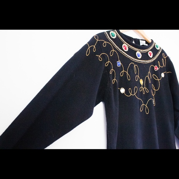 Darian | Vintage 80's Black Jeweled Long Sleeved Sweater Dress | Size Medium - Picture 7 of 10